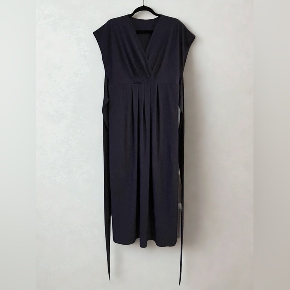 Halara Breezeful Blue Midi Dress L NWT Wrap V Neck Tie Waist Pockets Athleisure - Picture 2 of 6